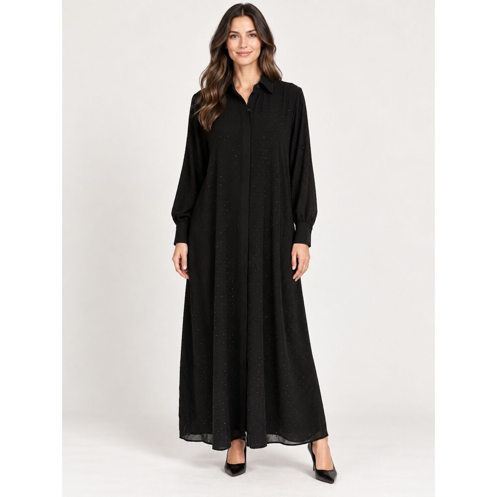 Chico’s Size 1 M Black Allover Sequin Maxi Shirt Dress Long Sleeve NWT